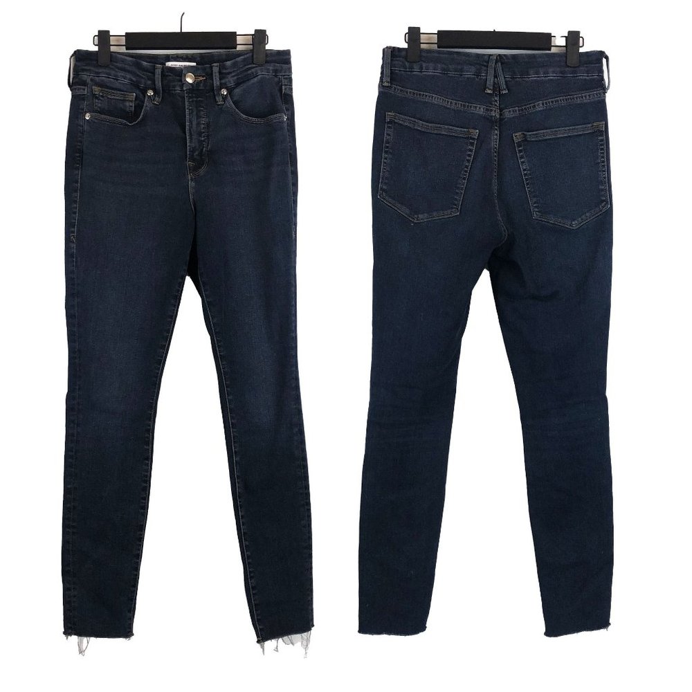 Good American Good Legs Raw Hem Medium Dark Wash Skinny Jeans 8 29